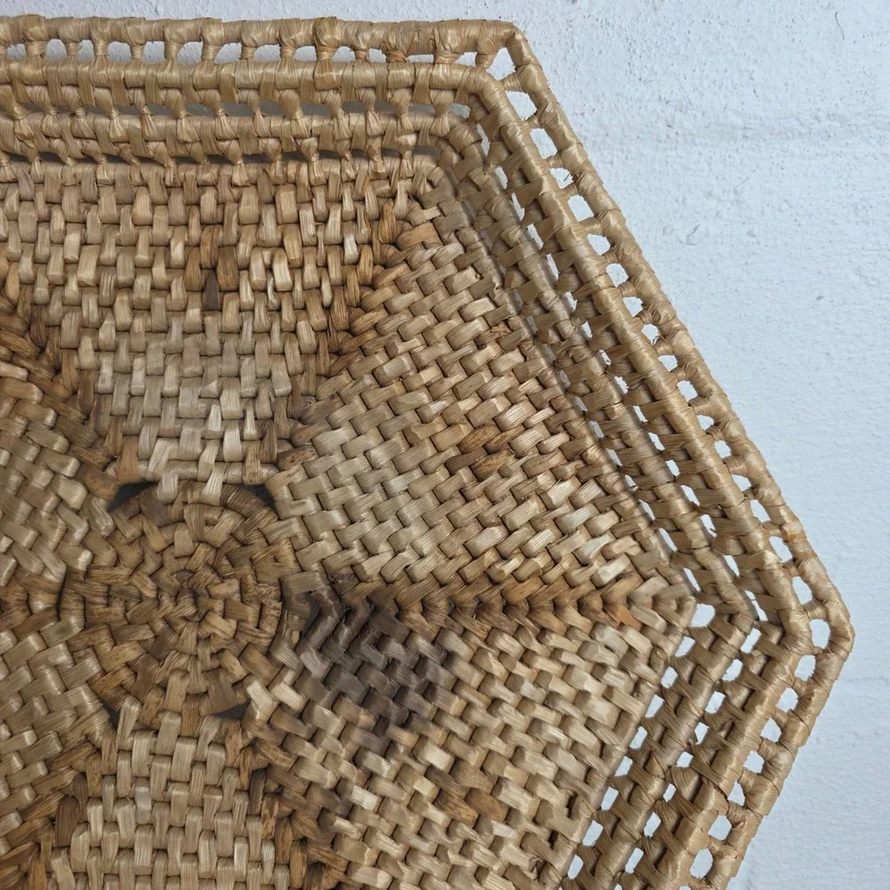 Vintage Hexagonal Handwoven Wicker Wall Basket Tray Natural Fiber Sunburst Boho